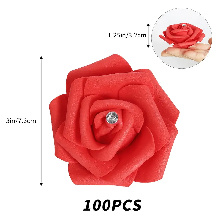 IPOPU 100pcs Red Foam Rose Artificial Flower Bulk with Crystal 3in Real Looking Stemless Fake Roses for DIY Craft Wedding Bouquets Wall Decoration Bridal Shower Arrangement Home Decorations