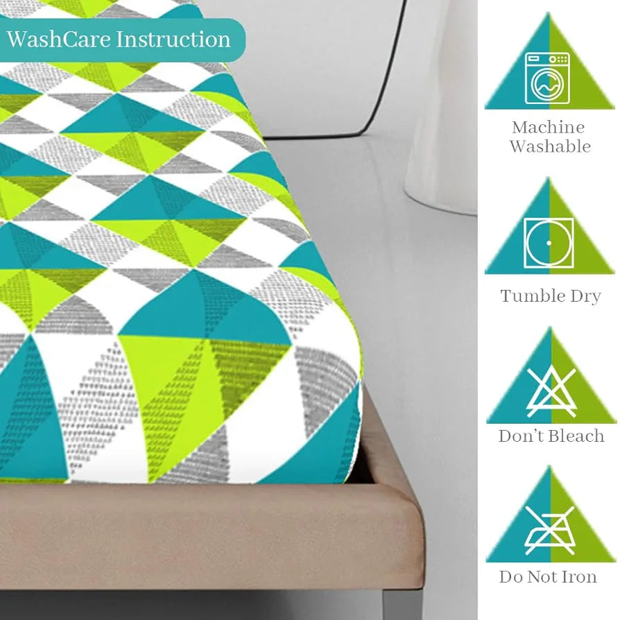 Divine Casa Green and Blue Abstarct Zig Zag Dual Print Pattern 120 TC Glace Cotton Elastic Fitted Printed Queen Size Double Bed Bedsheet with 2 Pillow Cover for Bedroom