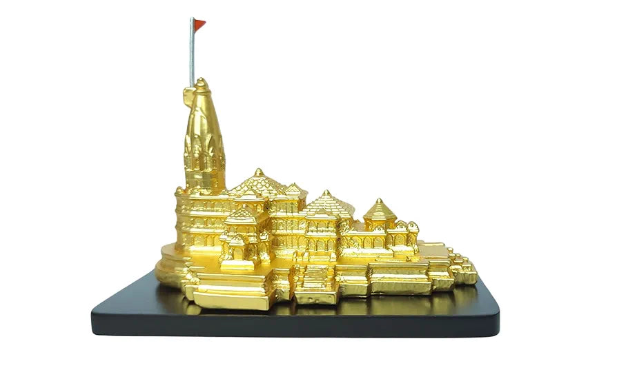 Gold Art India Ram Mandir Ayodhya Gold Plated Matte 24 Karat - Minature for Car Dashboard, Gifting, Puja Room, Office Desk, Home Decor 