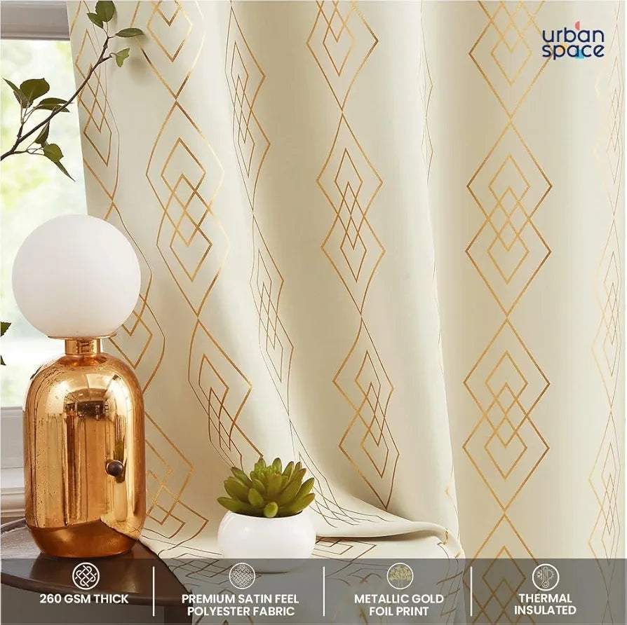 Urban Space Blackout Curtains for Living Room, Gold Foil Printed Luxurious 80-85% Blackout Decorative Curtains Eyelet with Tieback, 1 Piece - Diamond Beige 