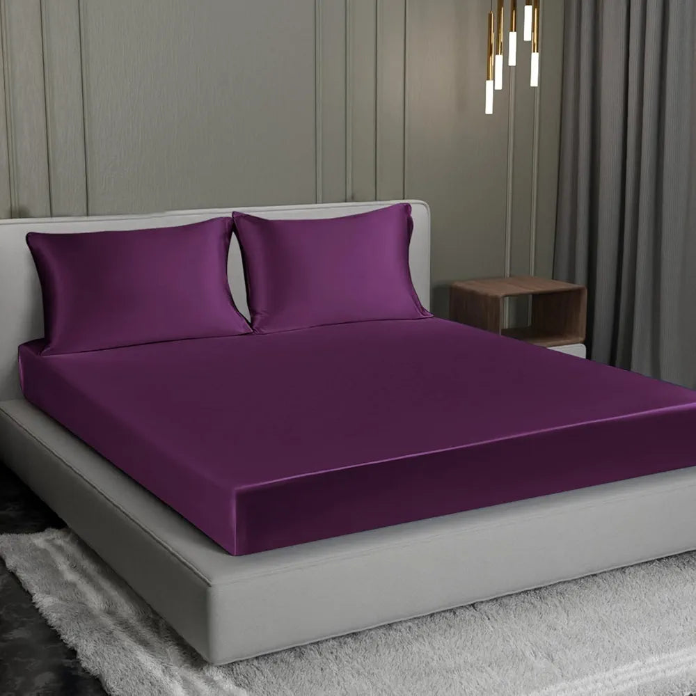 Cloth Fusion Solid 280 TC Satin Elastic Fitted Bedsheet for Double Bed King Size, Luxury Elastic Bedsheets for King Size Bed with 2 Pillow Covers 