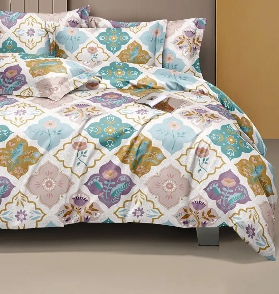 THE HOME STYLE Cotton Feel Glace Cotton Elastic Fitted All Around Printed King Size Double Bed Bedsheet wih 2 Pillow Cover 