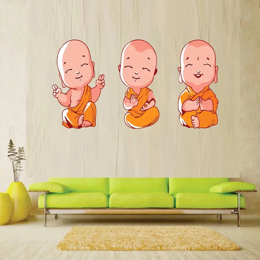 Rangoli Vinyl New Modern Art & Trendy Buddha Design Three Baby Monk Self Adhesive Wall Sticker for Home Decoration, Living Room, Bedroom