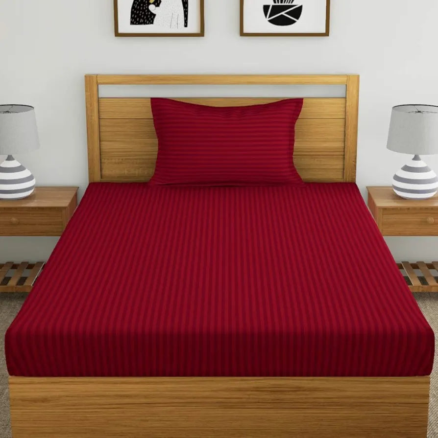 Dreamscape 220 Tc Cotton Single Bedsheet with Pillow Cover, Self-Striped - Red