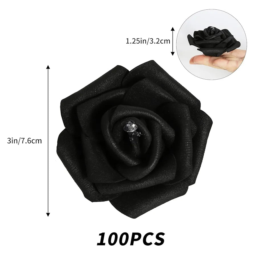 IPOPU 100pcs Black Rose Artificial Flower Heads Bulk with Crystal 3in Real Looking Foam Fake Roses Faux Flowers for DIY Craft Wedding Bouquets Arrangements Party Table Home Decorations