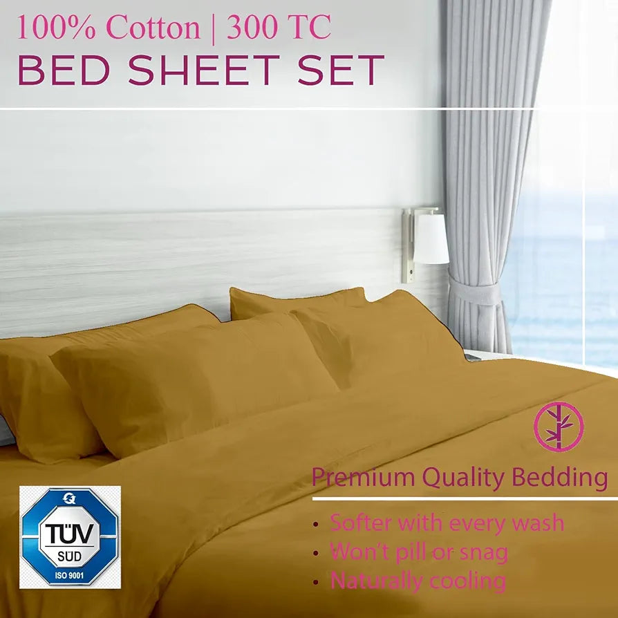 Trance Home Linen 300TC Pure 100% Cotton Queen Fitted Bedsheet with 2 Pillow Covers - 