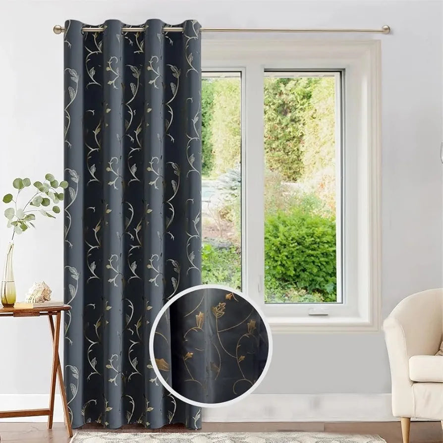 Urban Space Pure Blackout Opaque Curtains for Living Room, Gold Foil Printed Luxurious 80-85% Blackout Opaque Curtains Eyelet with Tieback, 1 Piece Pack, Floral Vine Grey 