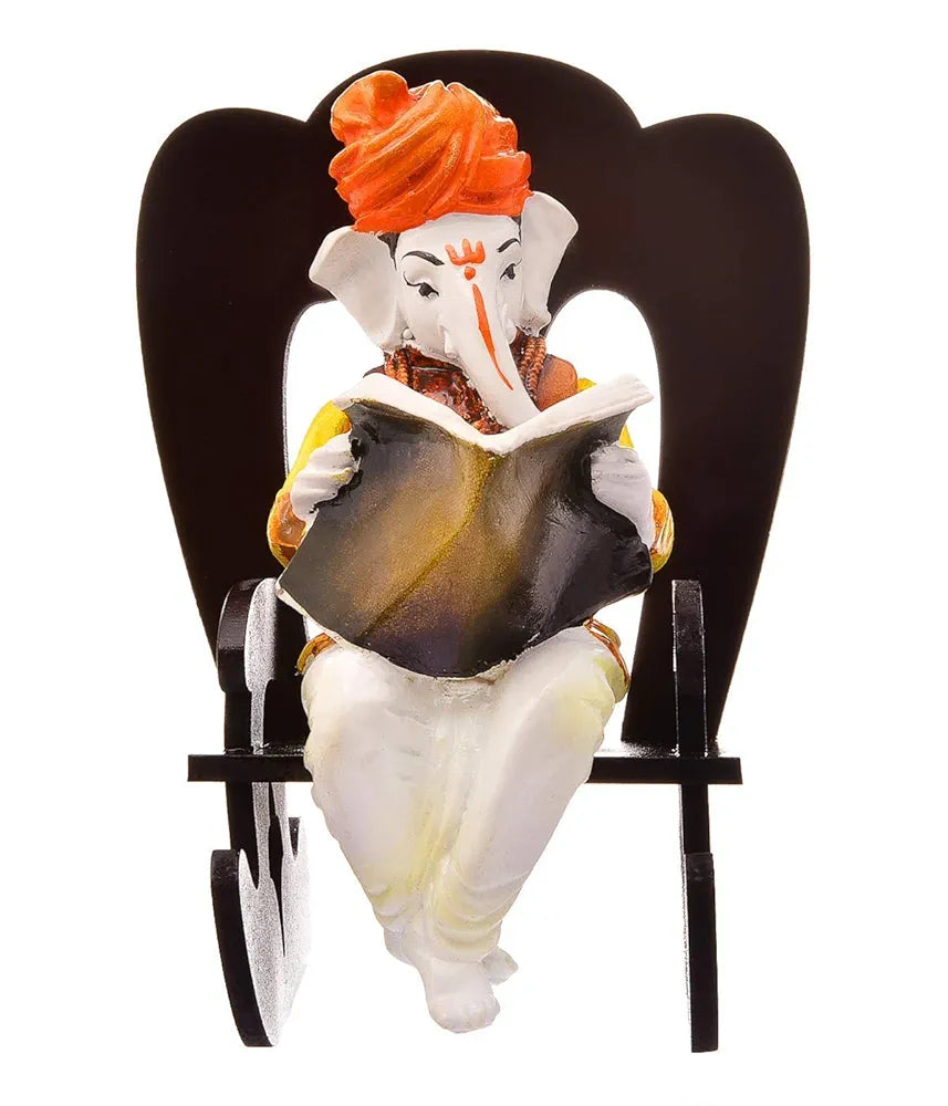 Karigaari India Ganesha Resting on Rocking Chair - Brown & White 