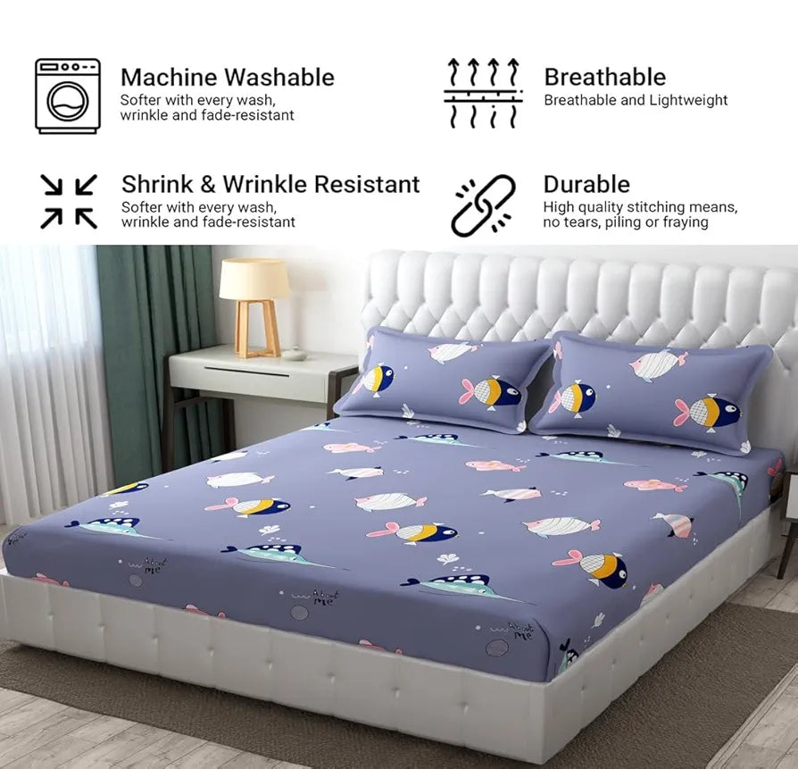 FRESH FROM LOOM Glace Cotton Wrinkle Free Soft Hypoallergenic Bed Sheet | Cartoon Printed Double Bedsheets King Size with 2 Pillow Cover 144 TC