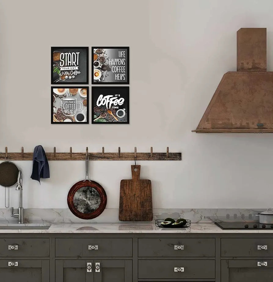 ArtX Kitchen Food Coffee Spices Motivational Funny Quotes Wall Art Painting, Framed Posters, 20 X 20 inches, 10.0 X 10.0 inches Each, Multicolor, Synthetic Wood, Set of 4 