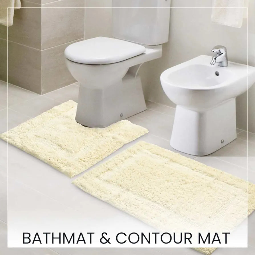 SASHAA WORLD Solid Anti-Skid Cotton Bathmat and Contour Set for Bathroom, Ultra Soft & Absorbent, Tufted Weave, Anti-Slip Latex Backing, Includes Contour & Rectangle Mat, 50X80cm, Cream