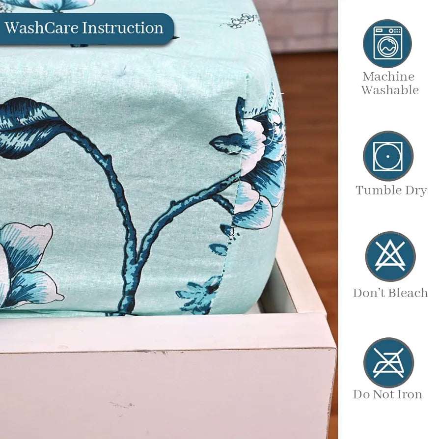Divine Casa Floret 100% Cotton King Fitted Bedsheet | 144 TC | Deep Pocket Design | Soft & Breathable Fabric | Durable & Easy Care | 200 x 185 + 25 CM, Winter Fern
