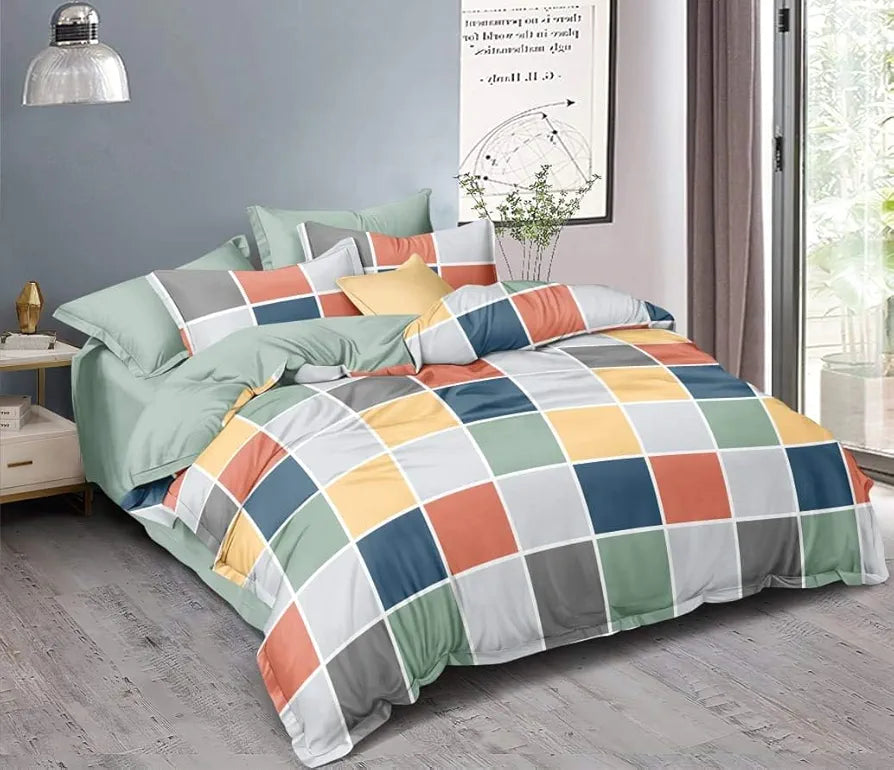 THE HOME STYLE Cotton Feel Glace Cotton Checkered Printed King Size Double Bed Bedsheet With 2 Pillow Cover 300 TC_90X100 Inches