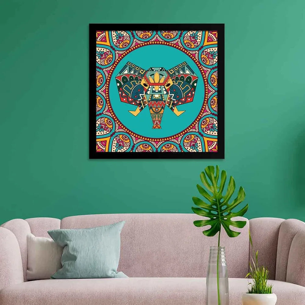 ArtX Elephant Mandala Vector Big Canvas Painting For Bedroom and Living Room With Frame, Multicolour, Square, 24.0 x 24.0 inch, 2x2 Feet, Set Of 1