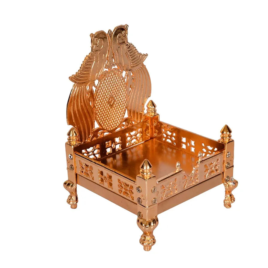 Collectible India Metal Gold Plated ladoo Gopal Singhasan Pooja Chowki mandir for God Thakur Puja Idol Peacock Design Decoration Items 