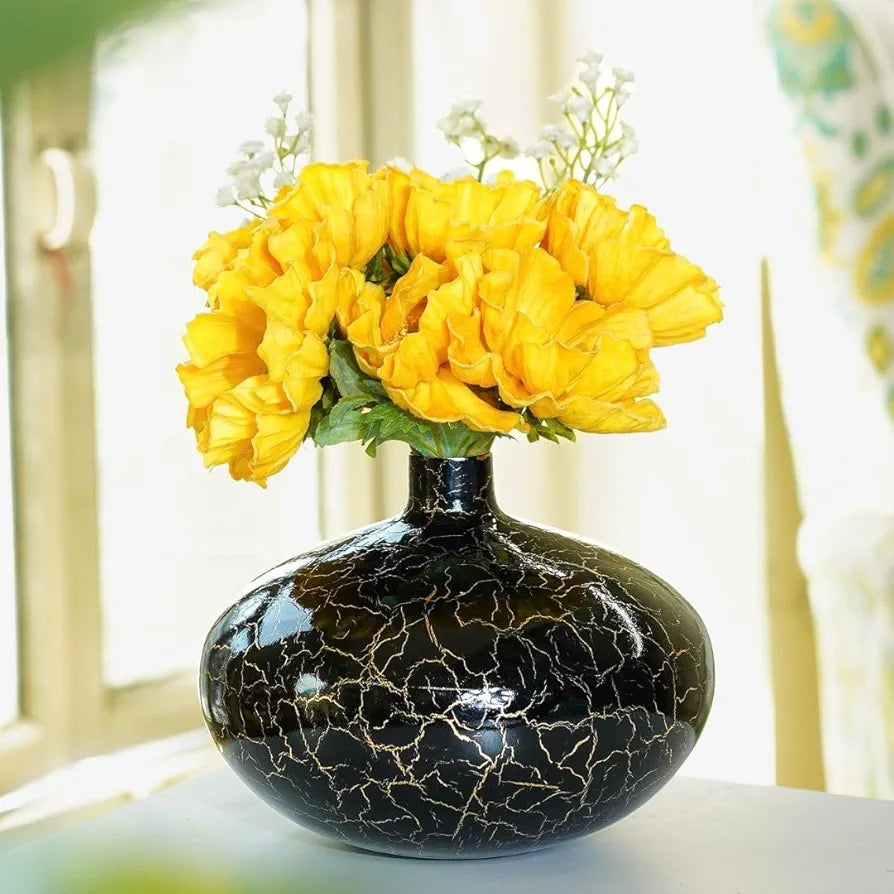 Behoma Metal Flower Vase for Home Decor Bedroom Living Room Office Wedding | Table Decorative Item for Festivals Birthday Crackle Finish Wide Vase 