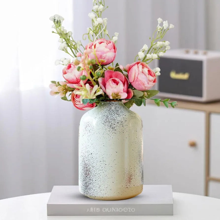 Behoma Metal Flower Vase for Home Decor Items for Living Room Bedroom Drawing Room Accessories Dried Flower Vase Marriage Gifts for Couples Off White Spotted