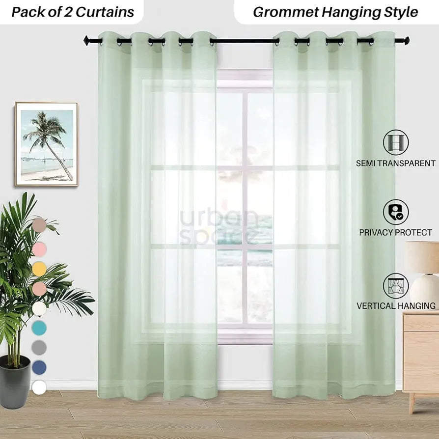 Urban Space Linen Textured Sheer Curtain for Door, 35-40% Room Darkening Curtain with Tieback and Eyelet Hanging Style, Set of 2 Decorative Curtains, Mint Green 