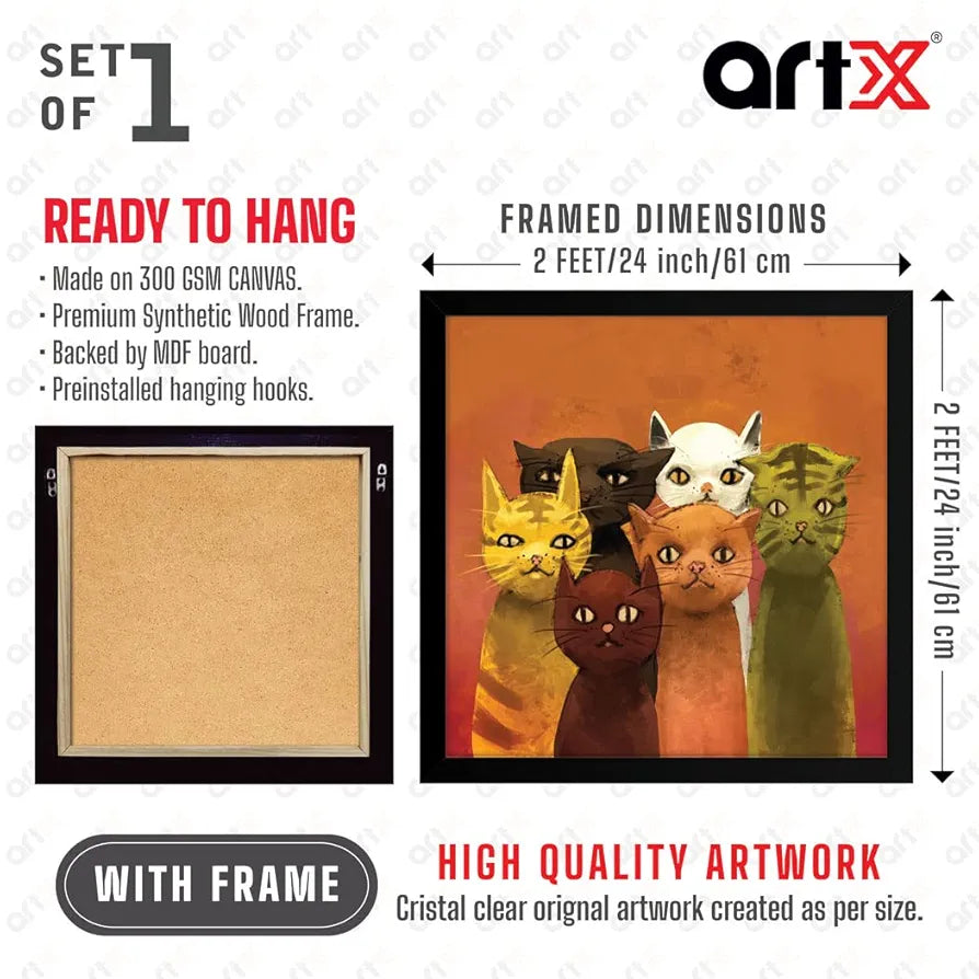 ArtX Group Cat Family Big Canvas Painting For Bedroom and Living Room With Frame, Multicolour, Square, 24.0 x 24.0 inch, 2x2 Feet, Set Of 1