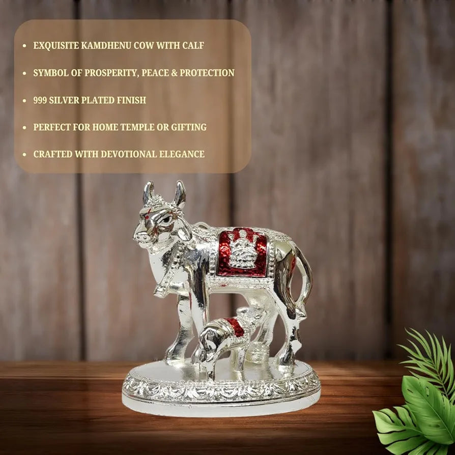 Gold Art India Kamdhenu Cow and Calf Idol with Red Accents | Shiny Silver Finish | 7.62 cm Decorative Gau MATA Murti for Home Temple, Gift & Office