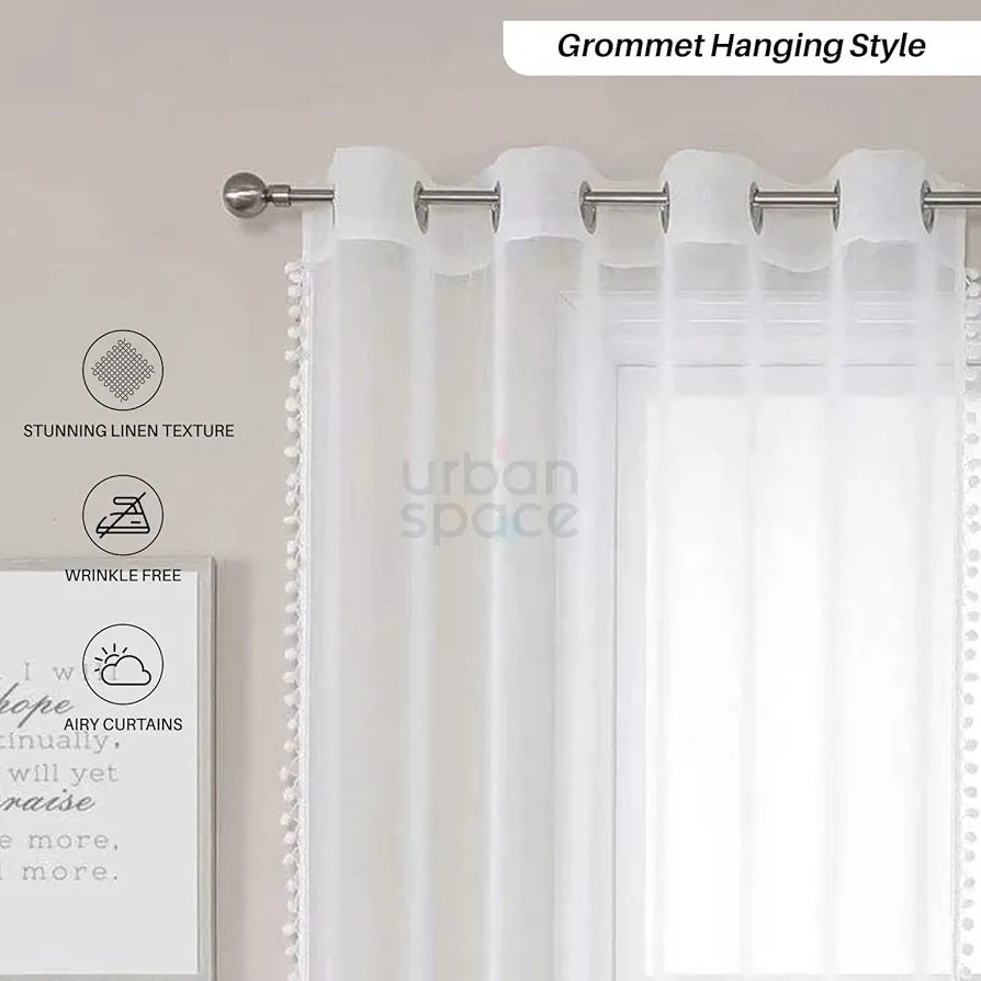Urban Space Linen Textured Sheer Curtain for Door Living Room, 35-40% Room Darkening, Decorative Curtains with Eyelets, Set of 2 Curtains - White with pom pom 