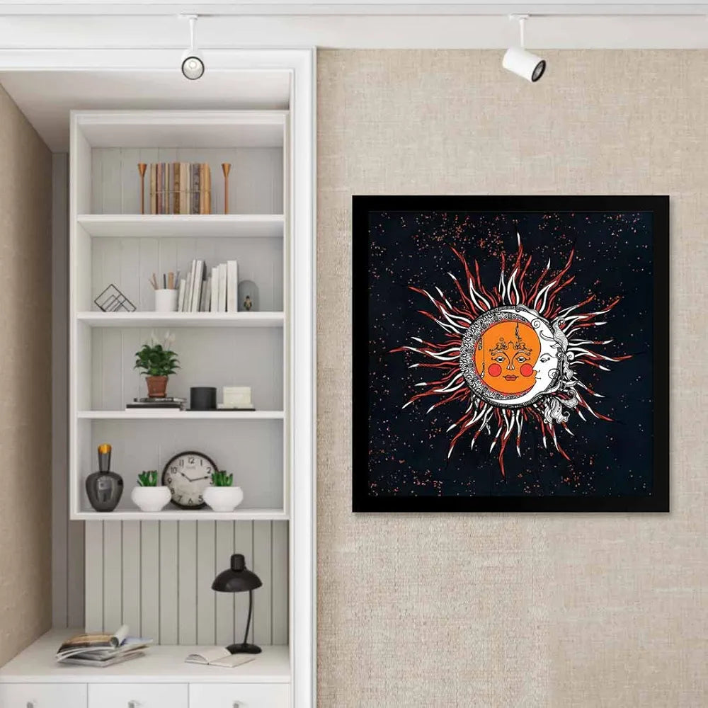 ArtX Sun And Moon Madhubani Big Canvas Painting For Living Room With Frame, Multicolour, Square, 24.0 x 24.0 inch, 2x2 Feet, Set Of 1