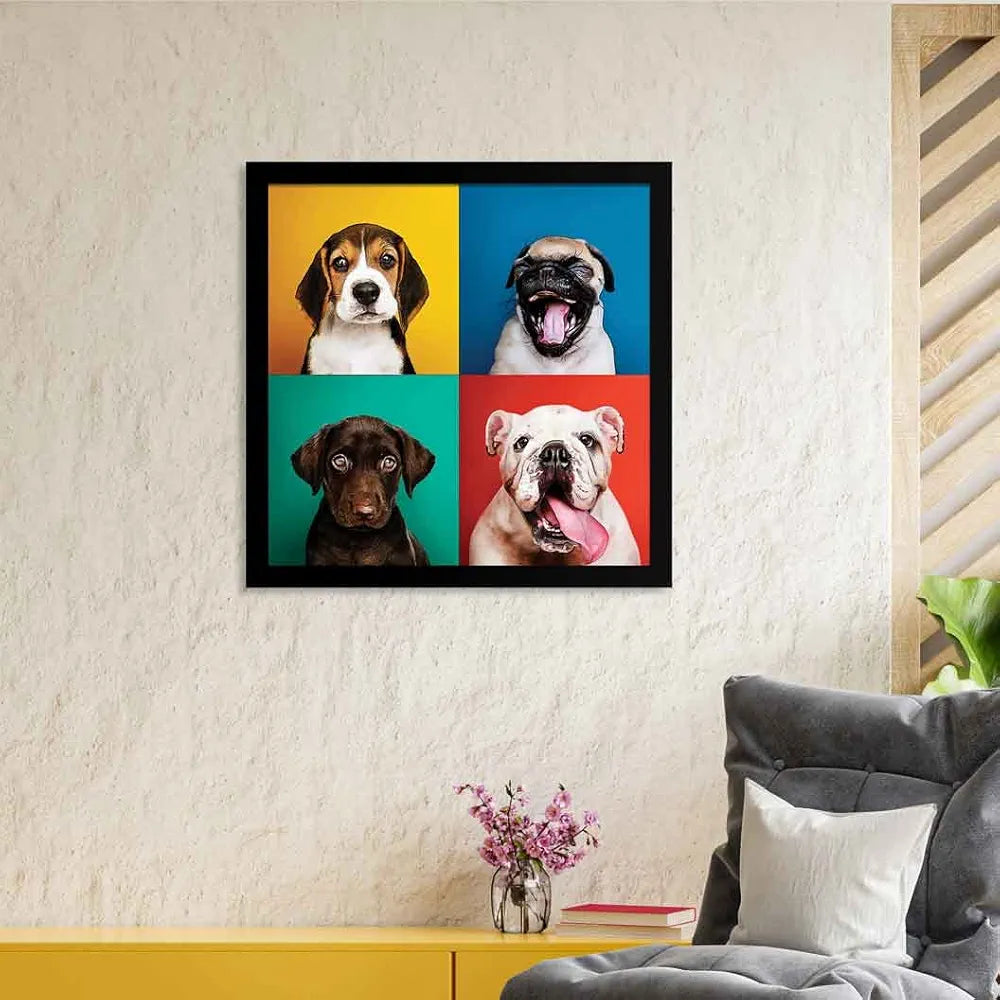 ArtX Four Dog Popart Big Canvas Painting For Bedroom and Living Room With Frame, Multicolour, Square, 24.0 x 24.0 inch, 2x2 Feet, Set Of 1