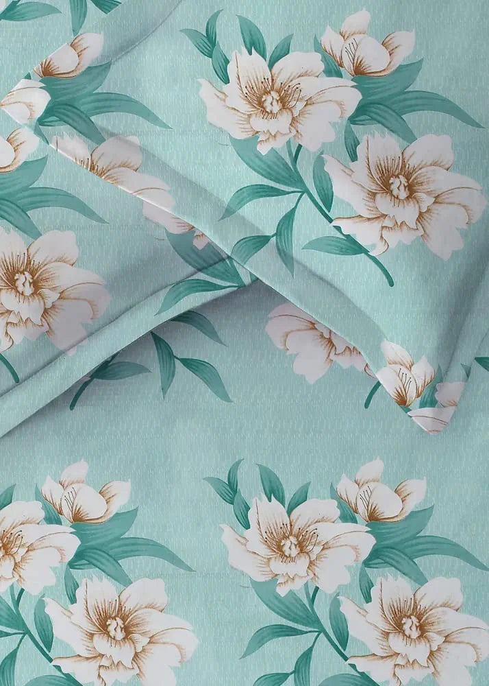 Premium Cotton Elastic Fitted Bedsheets with 2 King Size Pillow Covers Double Bed with All Around Elastic Supersoft Size - 72 x 78 +10 inches Flower Print Light Green 200 tc - 220 tc