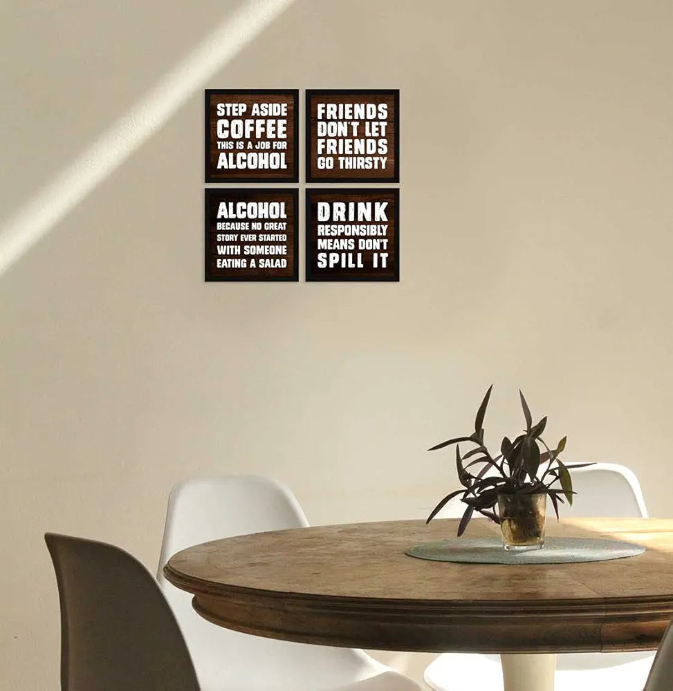 ArtX Motivational Quirky Funny Bar Quotes Wall Art Painting, Framed Posters, 20 X 20 inches , 10.0 X 10.0 inches Each, Multicolor, Synthetic Wood, Set of 4 