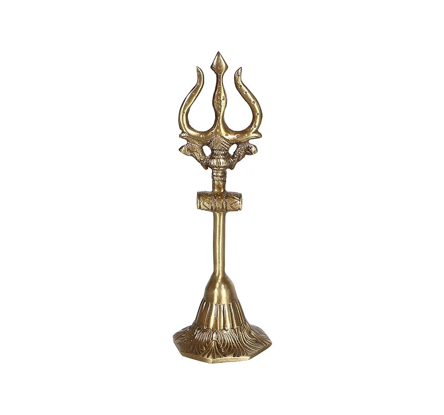 Two Moustaches 8 Inches Brass Shiva's Trishul with Damru, Antique Finish, Brass Mahadev Trishul with Damru Figurine, Shiva Trishul Statue, Solid Brass Heavy Weight 370 Grams, Standard, Pack of 1