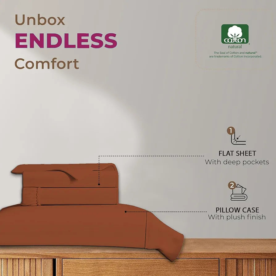 Trance Home Linen 100% Cotton 78 x 60 inch Queen Elastic Fitted Bedsheet | 400TC Premium Queen Double Bed Size Plain Fitted Elastic Bed Sheet with 2 Pillow Covers 