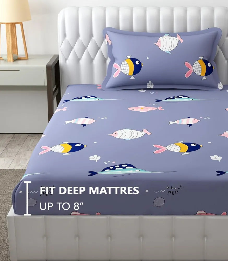 FRESH FROM LOOM Glace Cotton 300 tc Wrinkle Free Soft Hypoallergenic Elastic Fitted |Cartoon Printed Bedsheets for Kids with 1 Pillow |Fish/Blue), Smallsingle