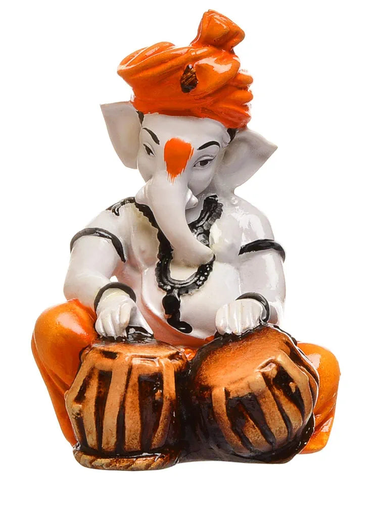 Karigaari India Polyresine Orange & White Ganesha Playing Tabla