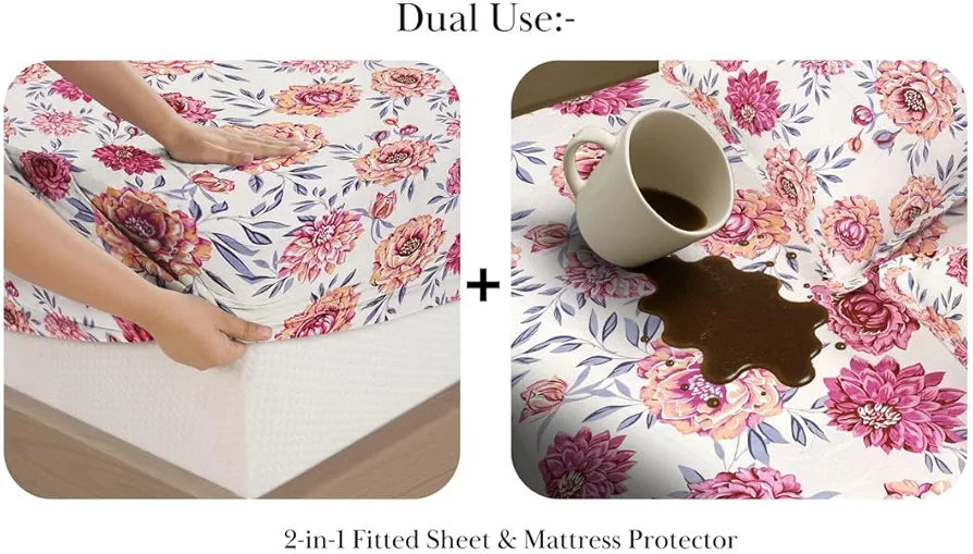 Waterproof Fitted Bedsheet for King Size 78x72+10 inch | Leakproof, Noiseless, Skin-Friendly | Elastic Bed Sheet with 2 Pillow Covers | Dustproof & Breathable -Pink & White