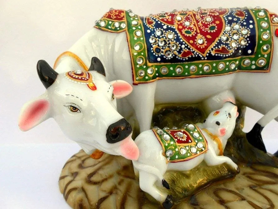 NRSON® Handicraft Decorative Marble dust Cow with Calf/Polyresin Cow and Calf Big Statue 5 x 3 x 3 inch 