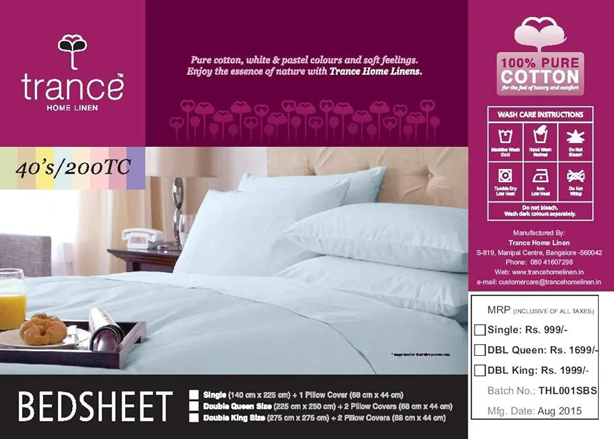 Trance Home Linen 100% Cotton 78x72 inch King Fitted 200TC Satin Stripe Elastic Fitted Bedsheet | Bedroom Hotels Daily Use Fitted Bedspread with 2 Pillow Covers 