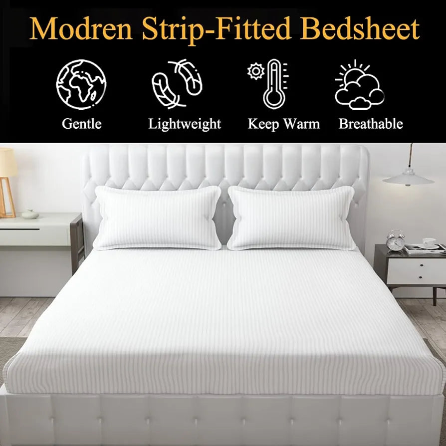 FRESH FROM LOOM 240 TC Satin Striped Soft Bed Covers for Mattresses Tuck in King Size Bed with Two Pillow Cover|Elastic Bedsheet 