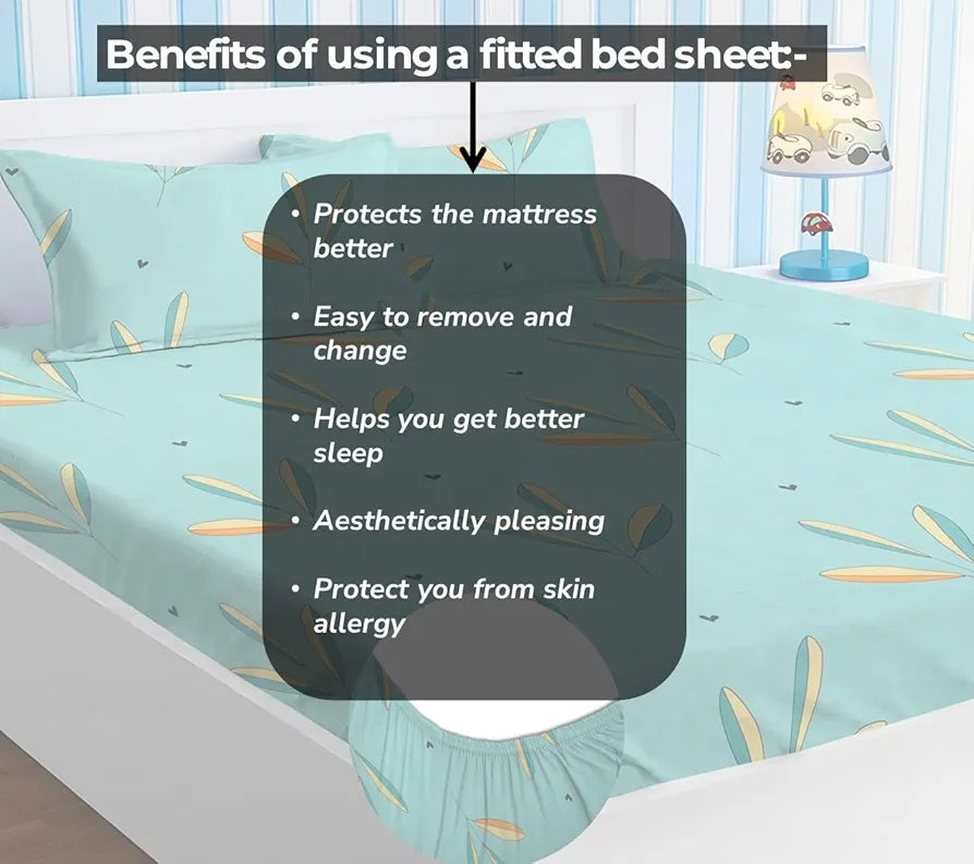 HOMEKART Premium Cotton Elastic Fitted Bedsheets with 2 King Size Pillow Covers Double Bed with All Around Elastic Supersoft Size - 72 x 78 +10 inches Floral Pattren Aqua Blue 200 tc - 220 tc