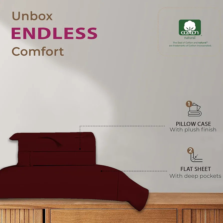 Trance Home Linen 100% Cotton 78x60 inch Queen Elastic Fitted Bedsheet | 400TC Premium Queen Double Bed Size Plain Fitted Elastic Bed Sheet with 2 Pillow Covers 