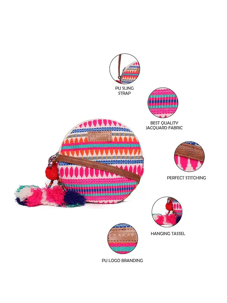 ASTRID Round Textured Sling Bag For Girls With Zip