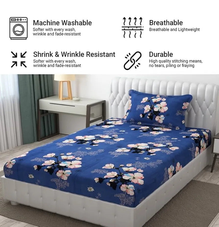 FRESH FROM LOOM Single Size Microfiber Bedsheet Set - Rotary Printed, Hypoallergenic, Wrinkle Free with 1 Pillow Covers , Blue, 144 TC