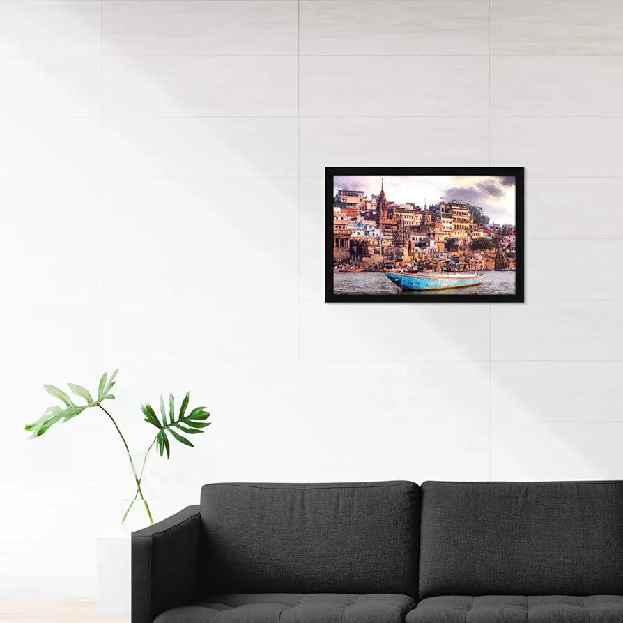 ArtX Paper Varanasi Ghat Wall Art Painting, Framed Painting Multicolor, Synthetic Wood 12.5X18.5 inches