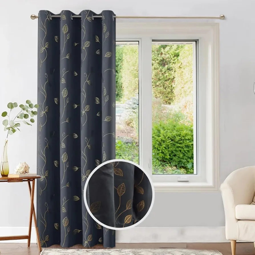 Urban Space Blackout Curtains for Living Room, Gold Foil Printed Luxurious 80-85% Blackout Decorative Curtains Eyelet with Tieback, 1 Piece, Leaf Grey 