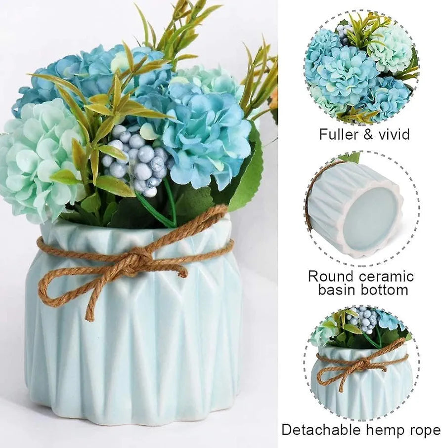 HOME ELEMENTS 1 Pc Artificial Flower with Ceramic Vase for Home Decor Hydrangea Bouquet Fake Flower Arrangements for Living Room Tabletop Showpiece Bedroom Office Desk Artificial Flower Plants 