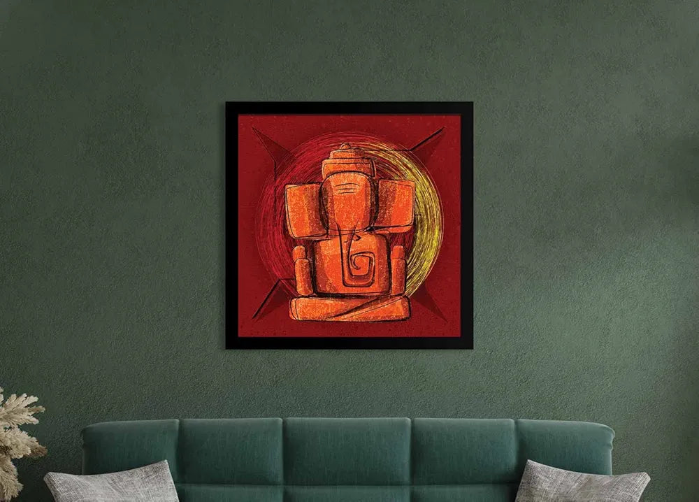ArtX Swastik Ganesh Ji Big Canvas Painting For Living Room With Frame, Multicolour, Square, 24.0 x 24.0 inch, 2x2 Feet, Set Of 1