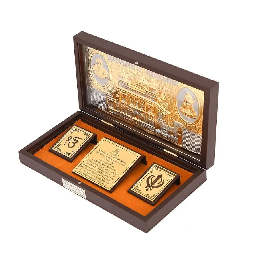 JAIPUR ACE Satnam Shri Waheguru Ji Gold Plated Charan Paduka Yantra for Health, Wealth, Prosperity & Success with Wooden Box for House Warming and Gift