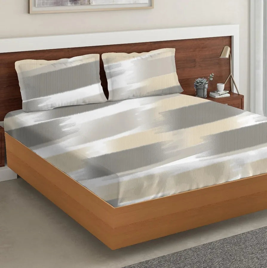 Trance Home Linen Skin Friendly 100% Cotton Printed Fitted Bedsheet for Queen Size Bed with 2 Pillow Cover - Premium 180TC 