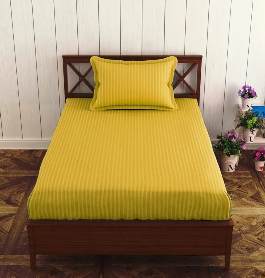 Trance Home Linen 100% Cotton 78x36 inch Single Fitted 200TC Satin Stripe Elastic Fitted Bedsheet | Single Bed Size Daily use Fitted Bedspread with 1 Pillow Covers 