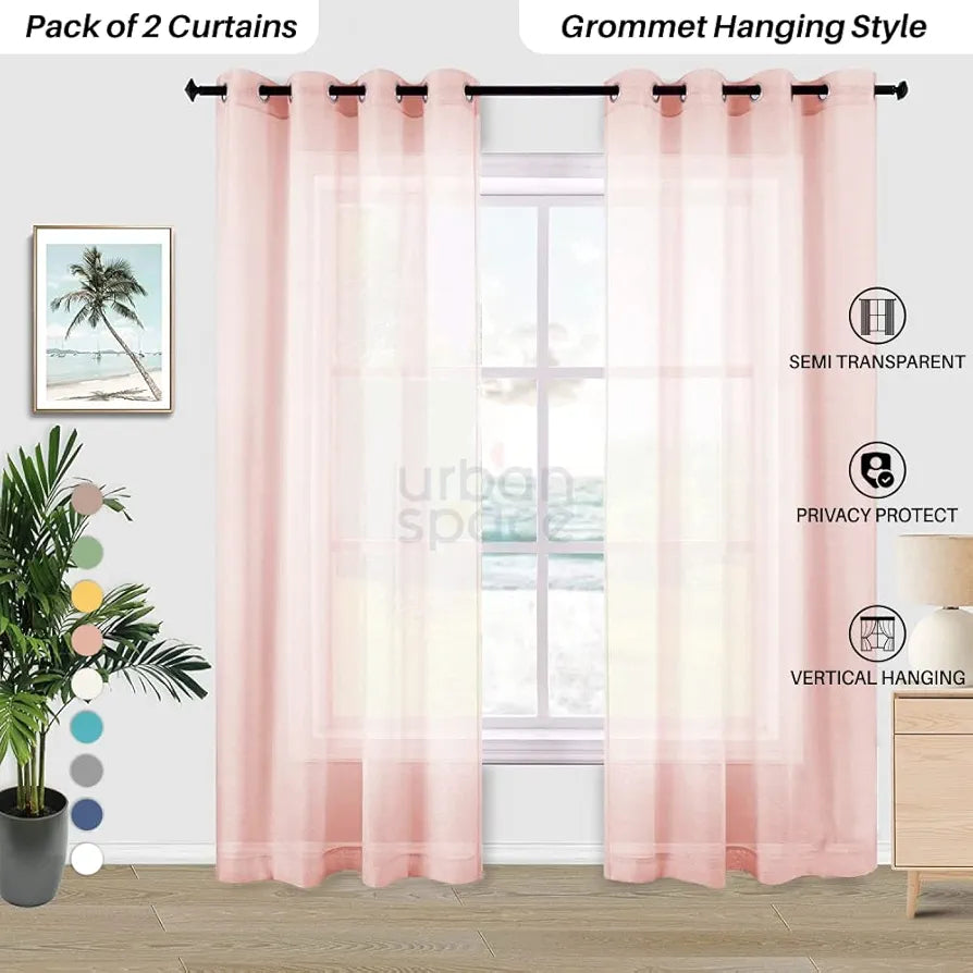 Urban Space Linen Textured Sheer Curtain for Door, 35-40% Room Darkening Curtain with Tieback and Eyelet Hanging Style, Set of 2 Decorative Curtains, Salmon Pink 