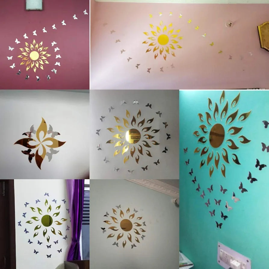 Bikri Kendra® - Sun Golden with Golden 20 Butterfly- 3D Acrylic Decorative Mirror Wall Sticker, Wall Mirror Stickers 3D Acrylic Stickers for Home & Offices, Animal, Pack of 21-reusable